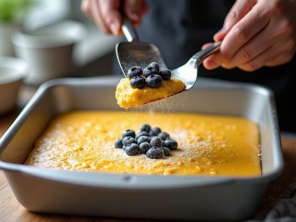 Folding blueberries into cornbread batter