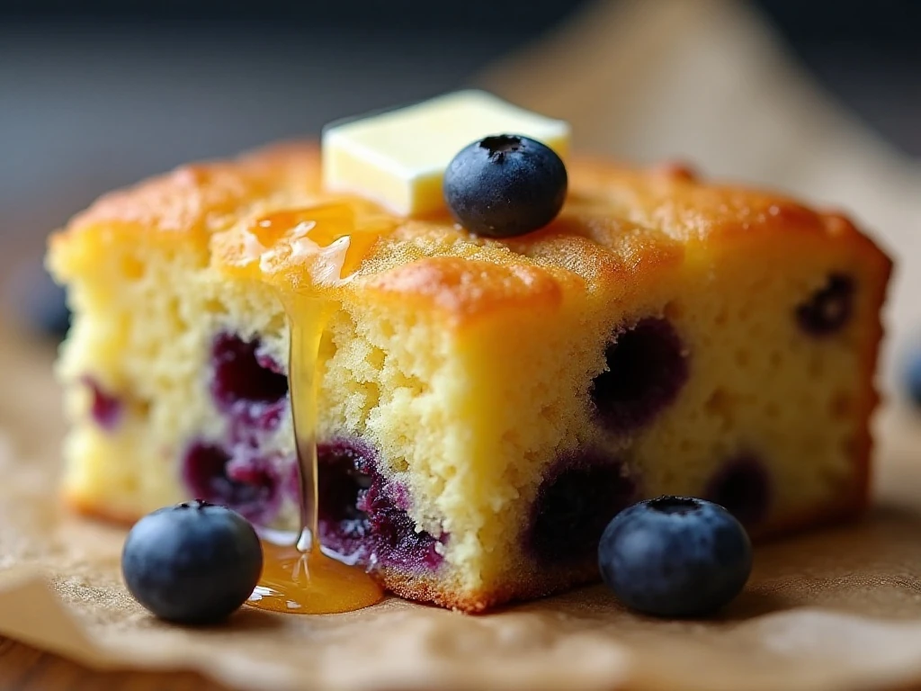 Close-up of tender blueberry cornbread with butter and honey