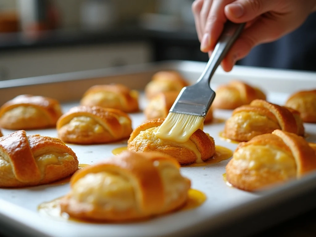 Brushing egg wash onto blueberry danishes