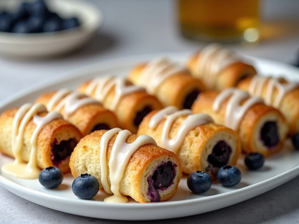 Golden blueberry cream cheese egg rolls arranged on a platter with glaze