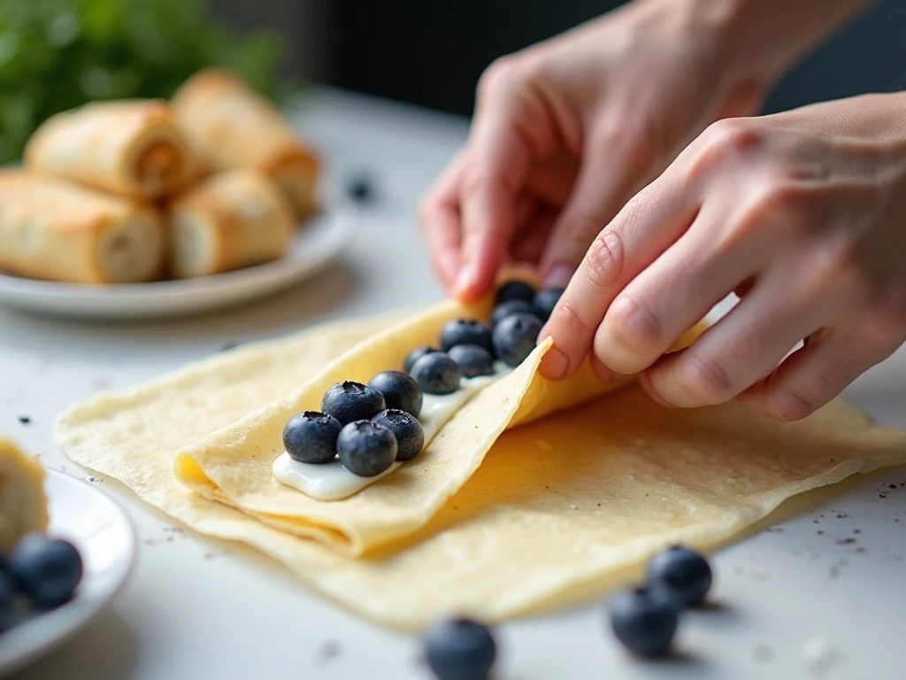 Folding an egg-roll wrapper around cream cheese and blueberries