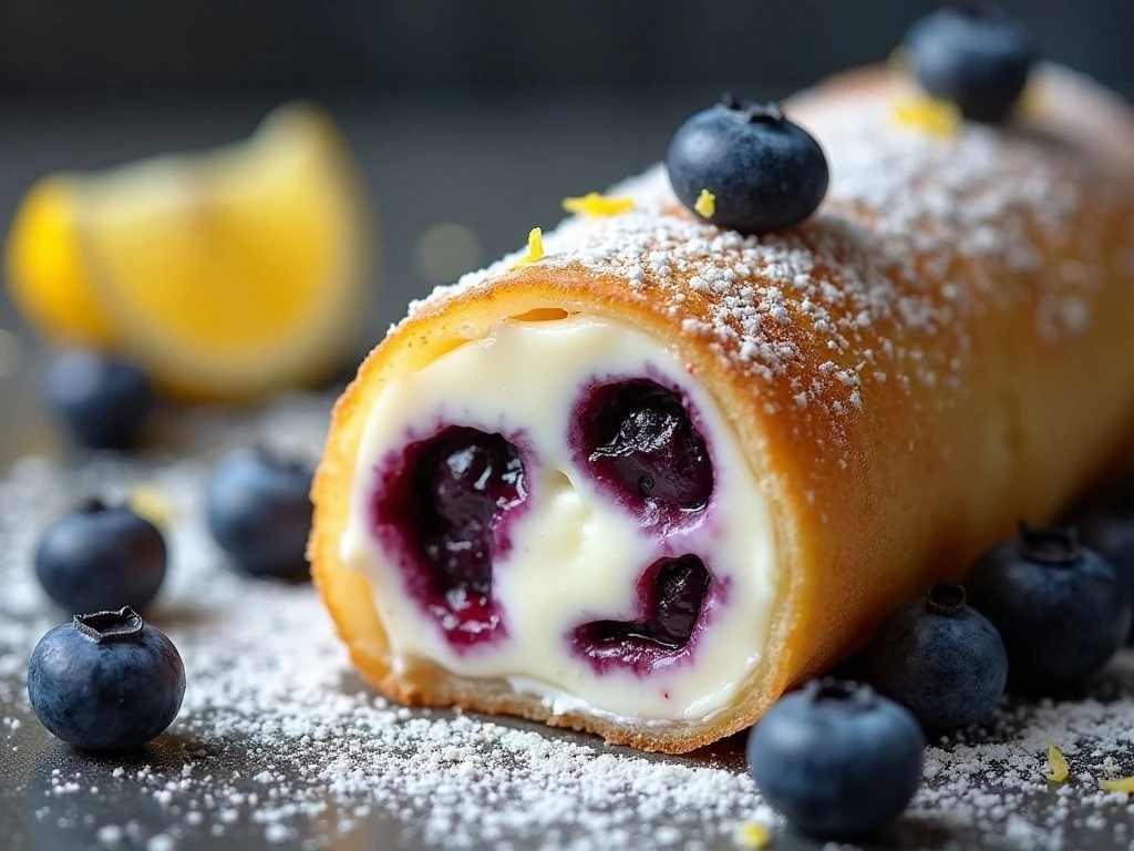 Close-up of creamy blueberry filling inside a glazed egg roll