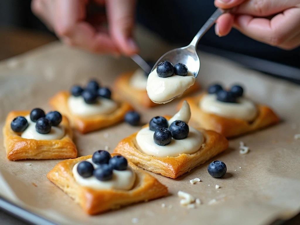 Filling scored puff pastry squares with cream cheese and blueberries