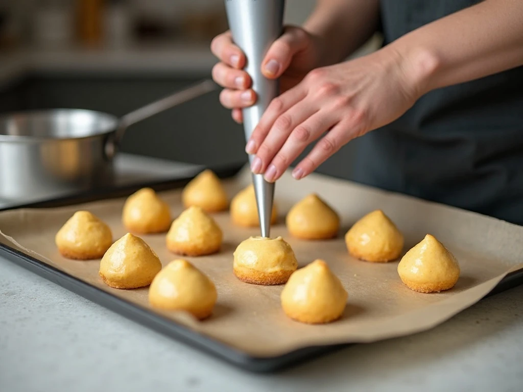 Piping choux pastry mounds for blueberry cream puffs