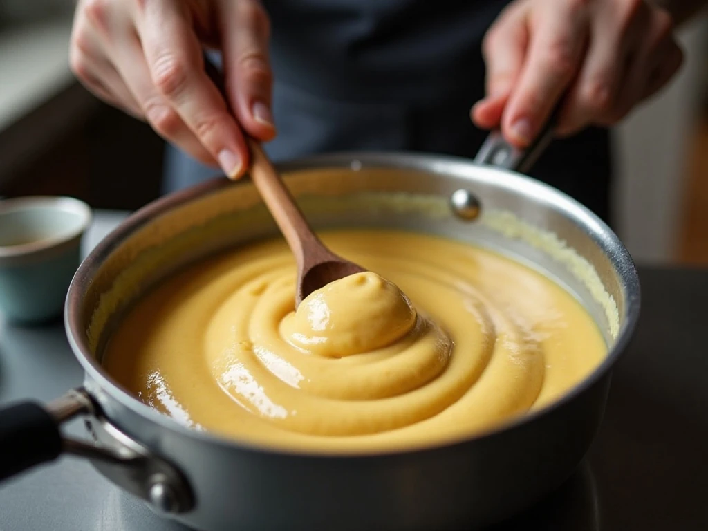 Cooking choux dough until it pulls from the saucepan