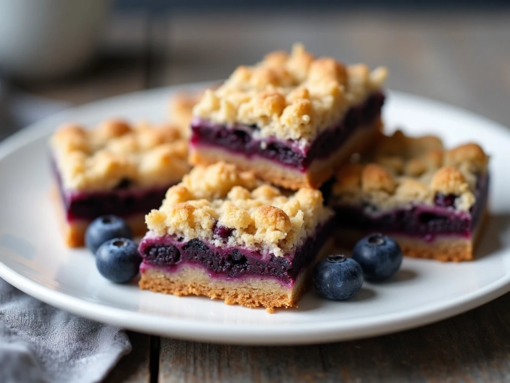Stack of homemade blueberry crumb bars showing golden crumbs and blueberry filling