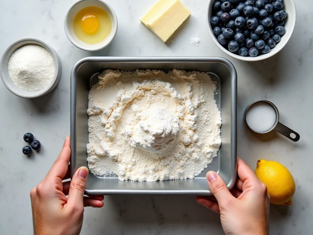 Ingredients for easy blueberry crumb bars arranged on a kitchen counter