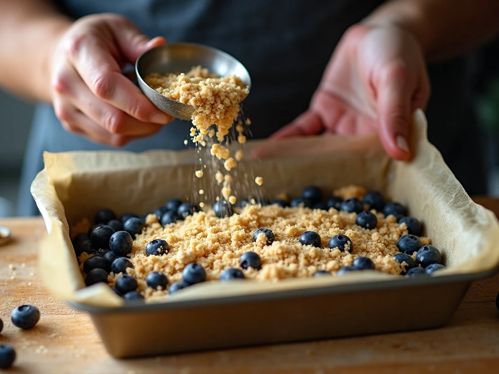 Adding crumb topping over blueberry filling in a baking pan