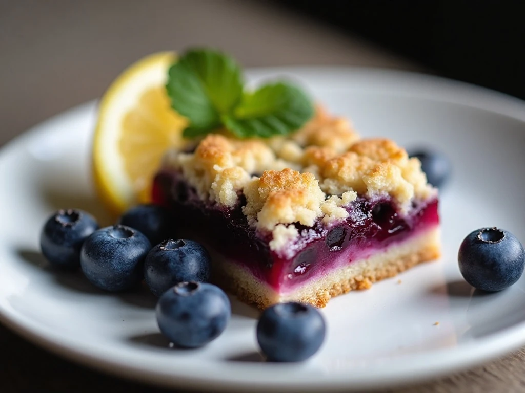 Close-up blueberry crumb bar served with fresh berries and lemon