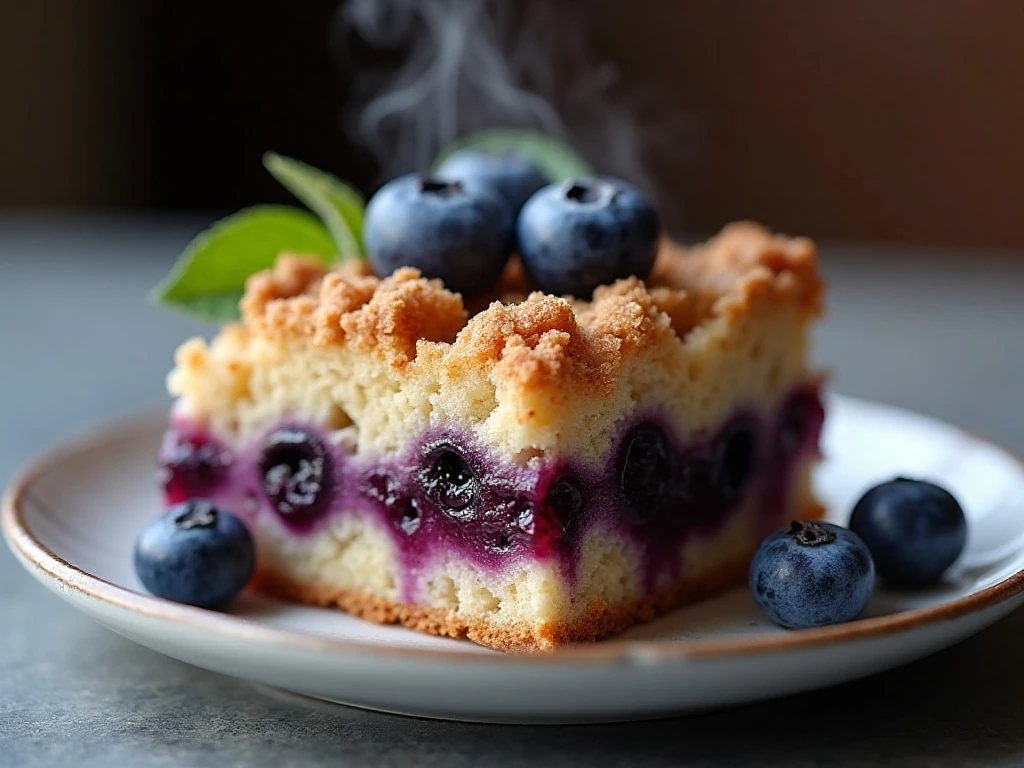 Close-up slice of warm blueberry crumb cake with fresh berries
