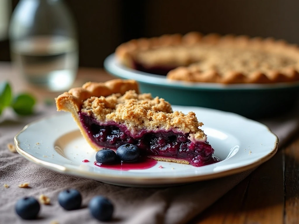 Slice of blueberry crumble pie with golden oat topping