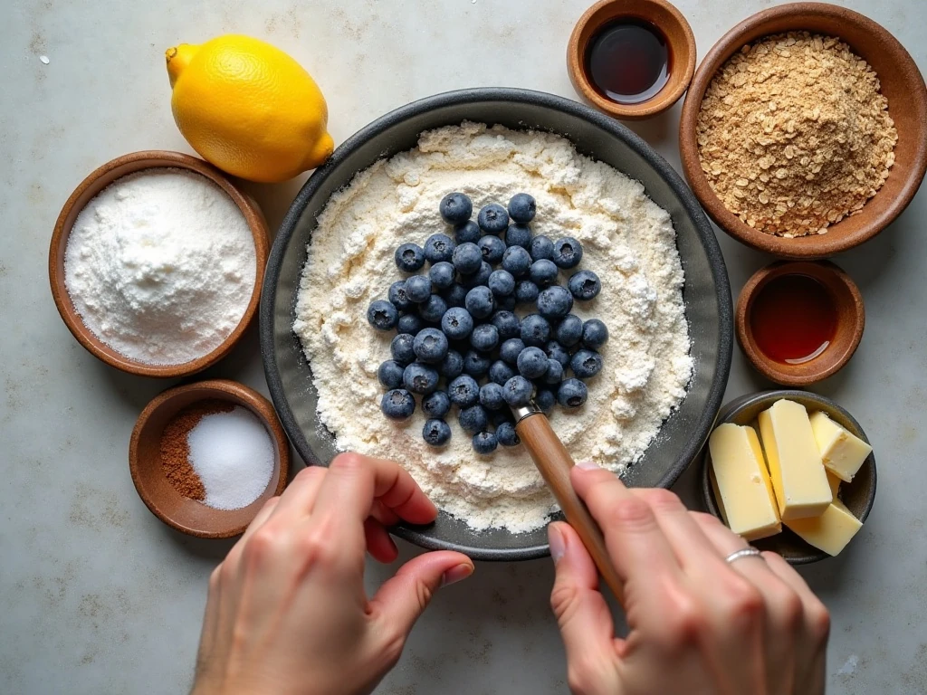 Ingredients for blueberry crumble pie arranged on a counter