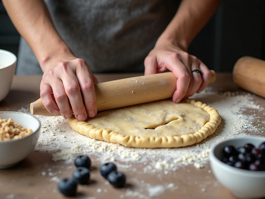 Preparing pastry, blueberry filling, and crumble topping for pie