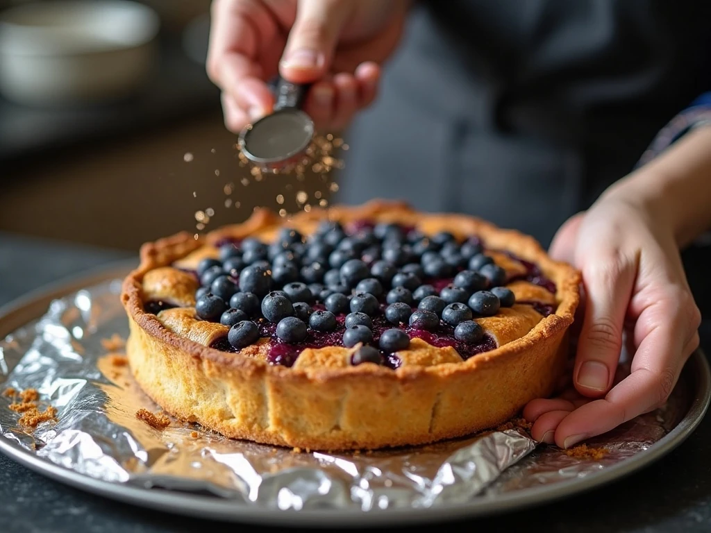 Blueberry pie baking until the filling bubbles