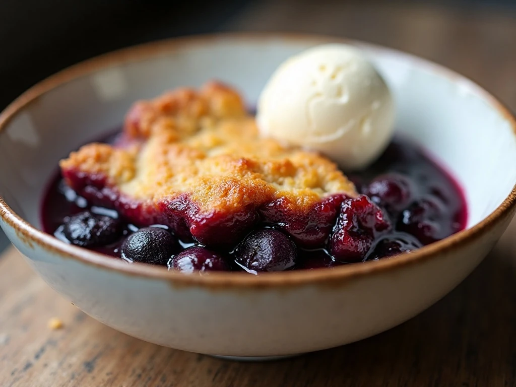Warm blueberry dump cake with vanilla ice cream