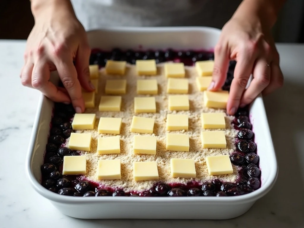 Arranging butter slices over cake mix and blueberry filling