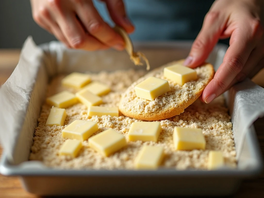 Thin butter slices covering the cake mix