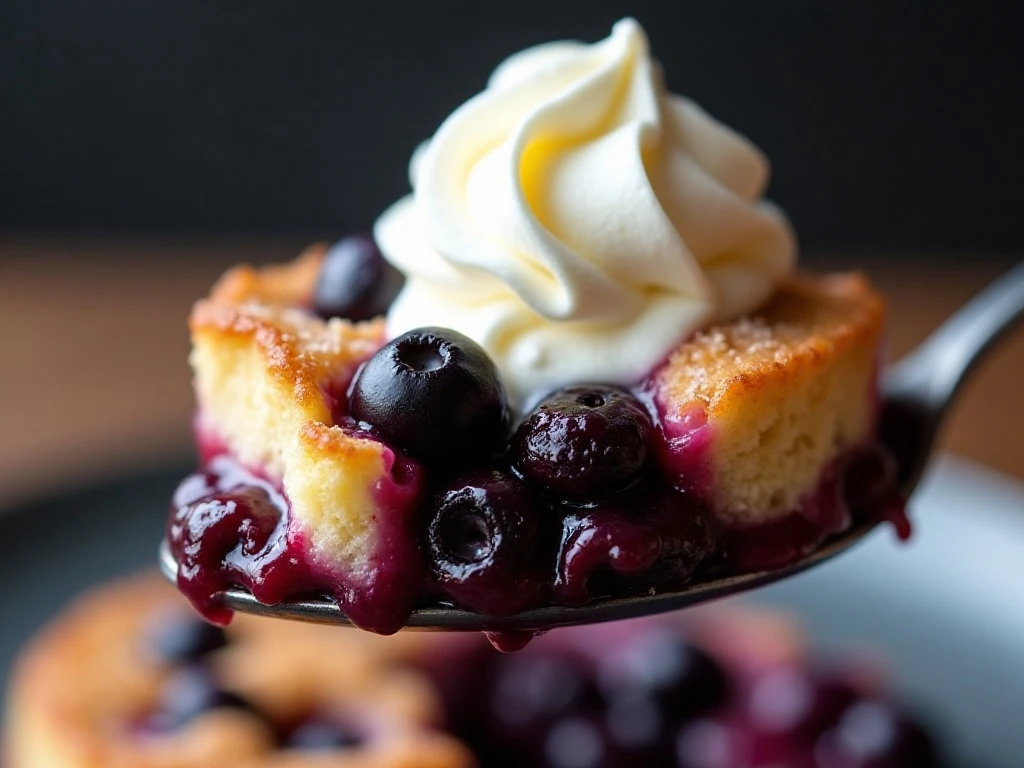 Blueberry dump cake topped with ice cream and whipped cream