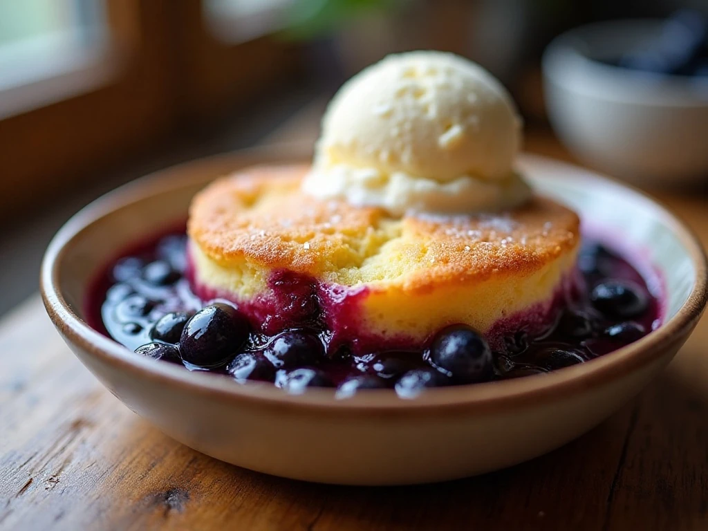 Warm blueberry dump cake served with vanilla ice cream