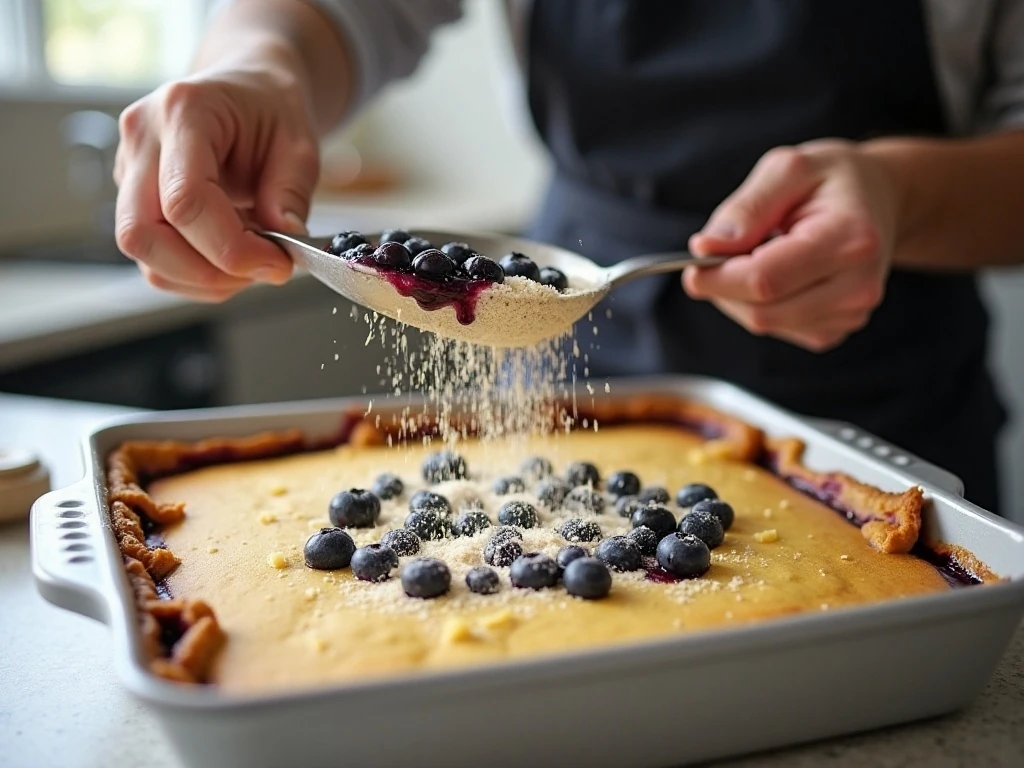 Layering blueberry pie filling and dry cake mix in a baking dish