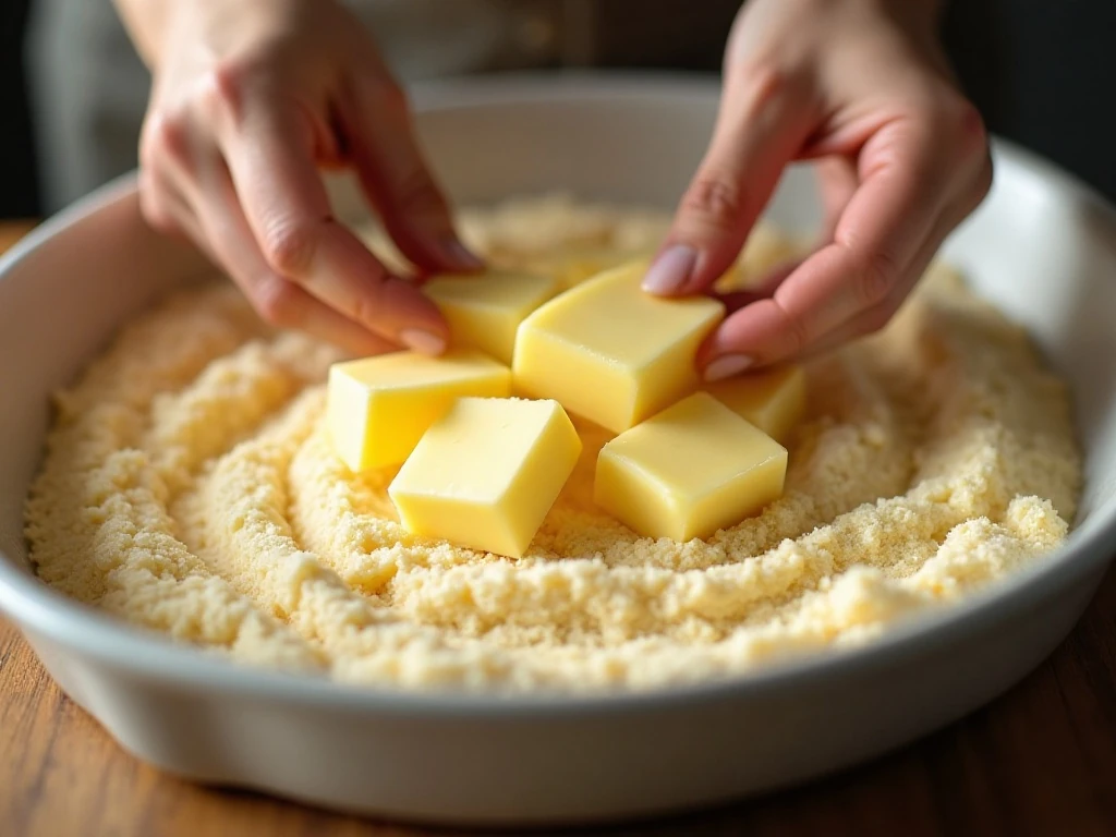 Butter slices covering the dry cake mix for blueberry dump cake