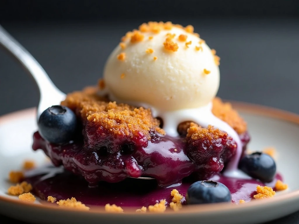 Blueberry dump cake with melting vanilla ice cream and fresh blueberries