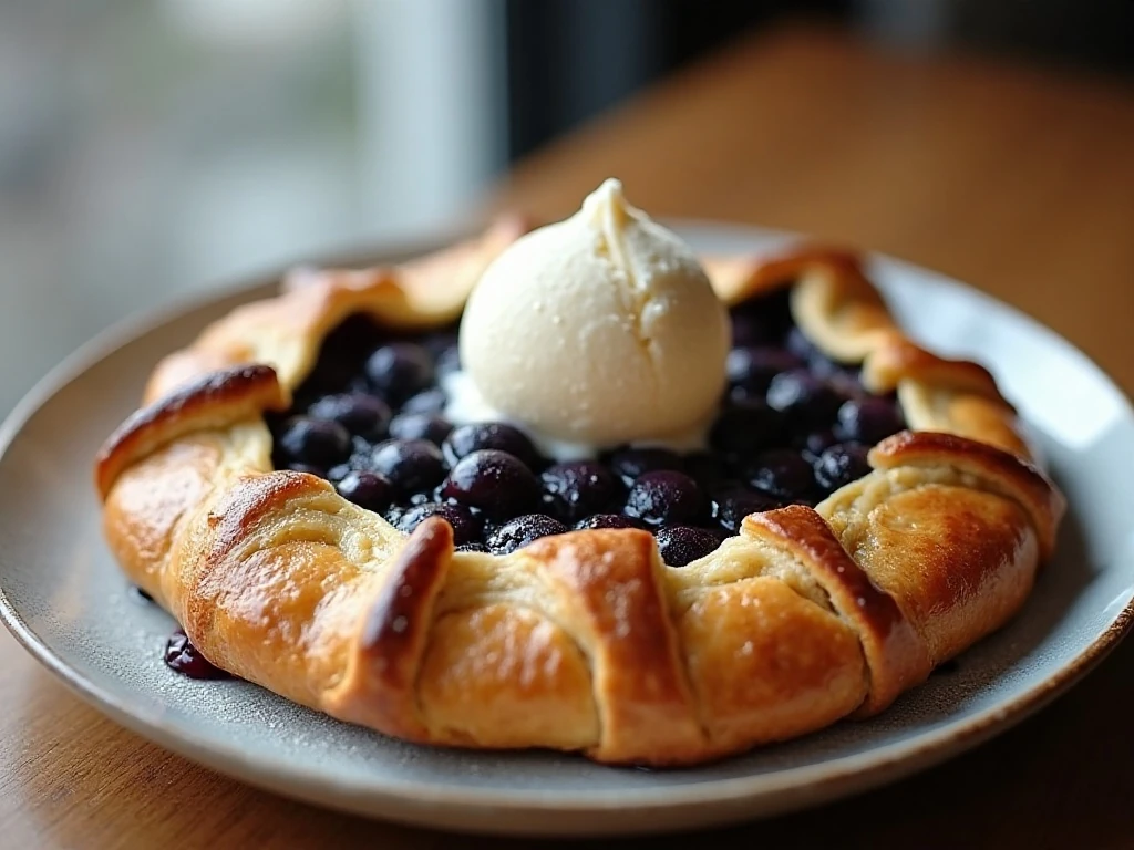 Rustic blueberry galette served with vanilla ice cream