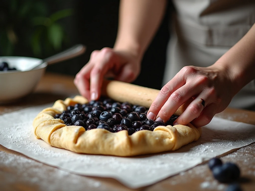 Rolling pastry for a blueberry galette