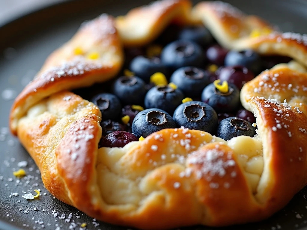 Close-up of flaky crust and bubbling blueberry filling