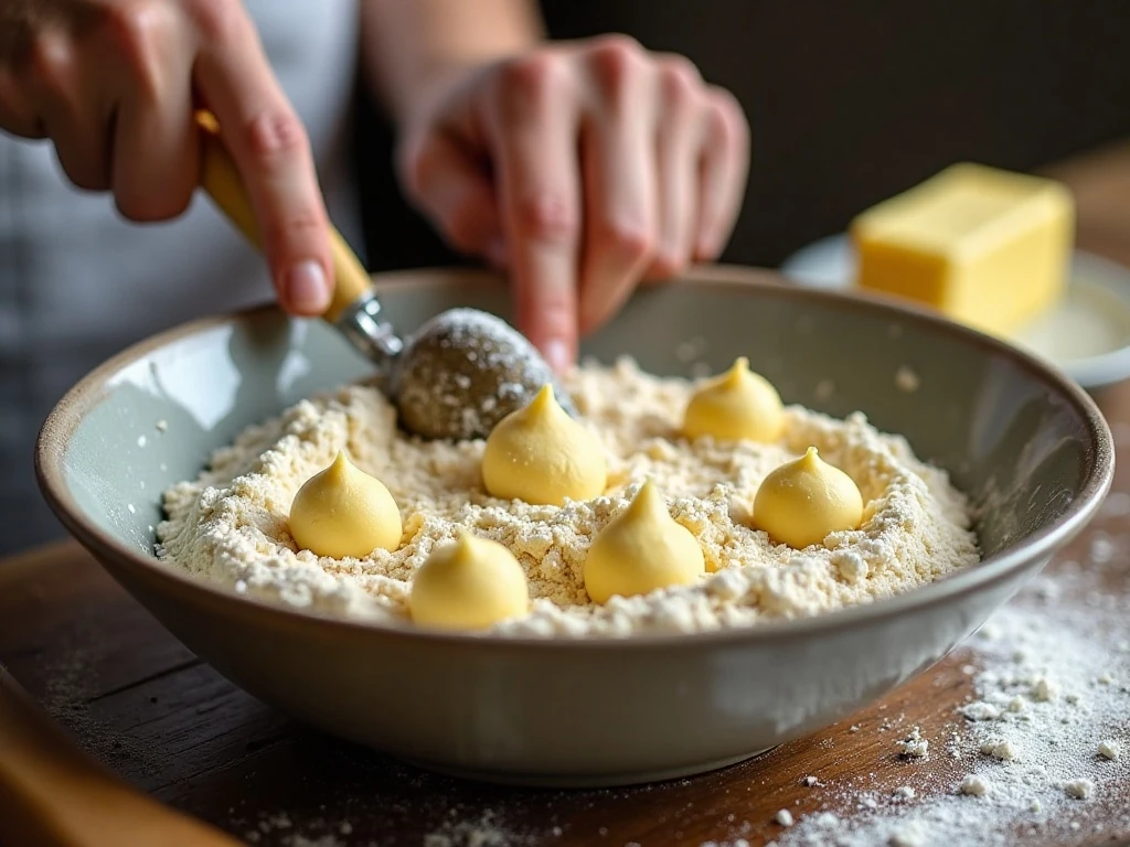 Cutting cold butter into flour for flaky galette pastry