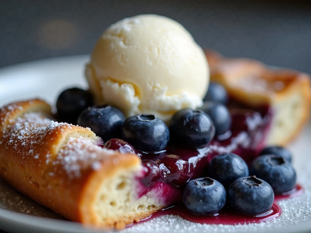 Blueberry galette slice served with vanilla ice cream