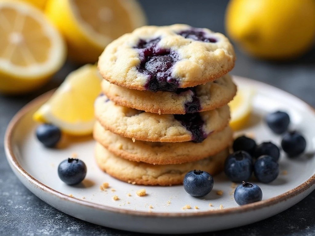 Stack of soft and chewy blueberry lemon cookies with fresh blueberries and lemon