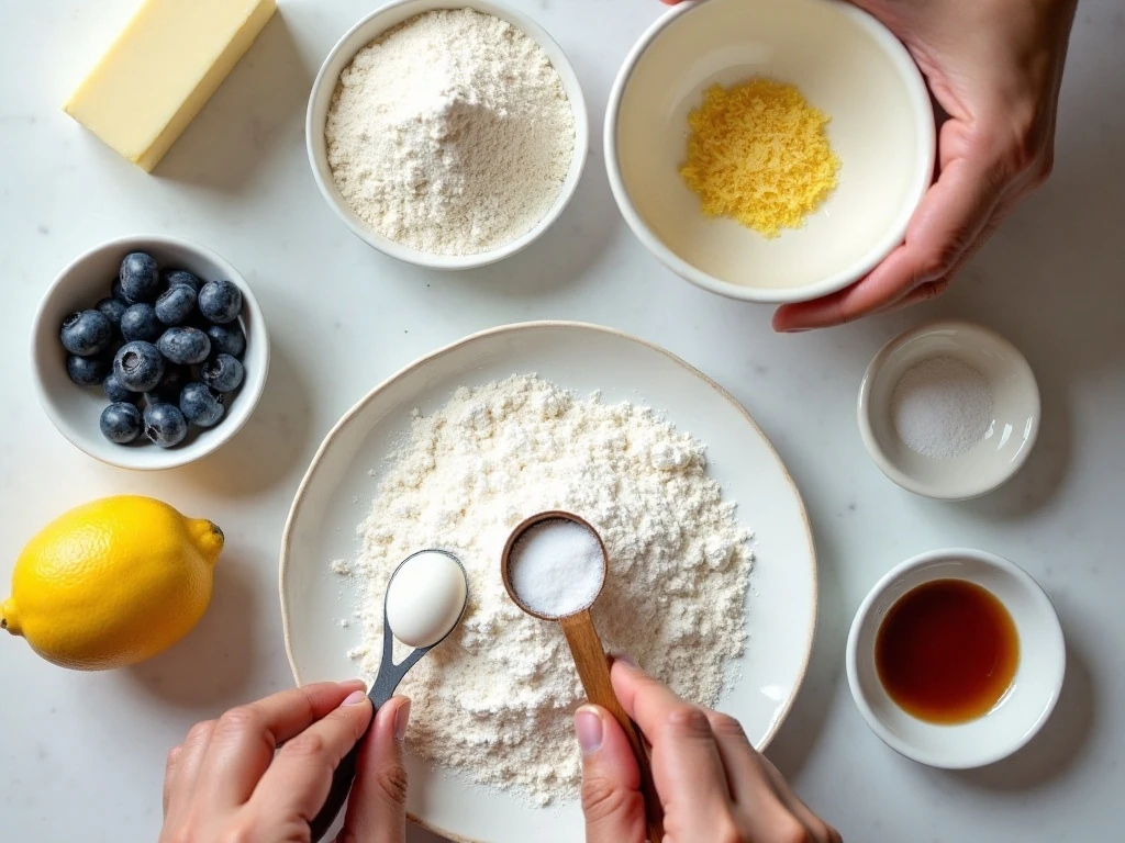 Ingredients for blueberry lemon cookies arranged on a countertop