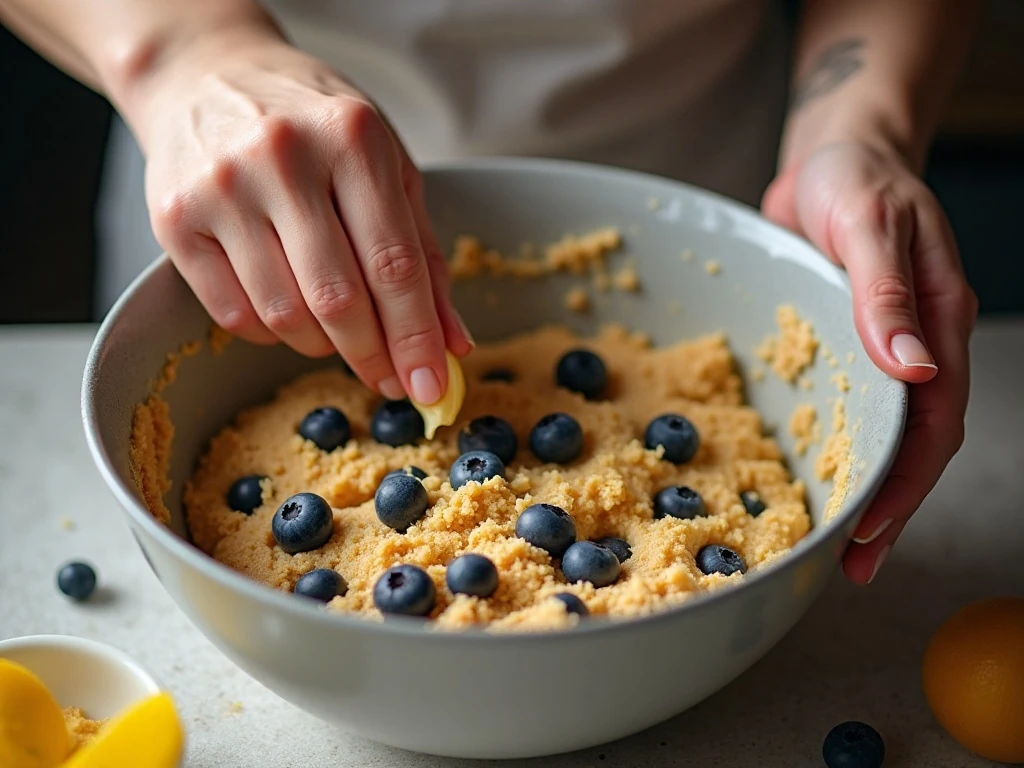 Blueberries being folded into lemon cookie dough