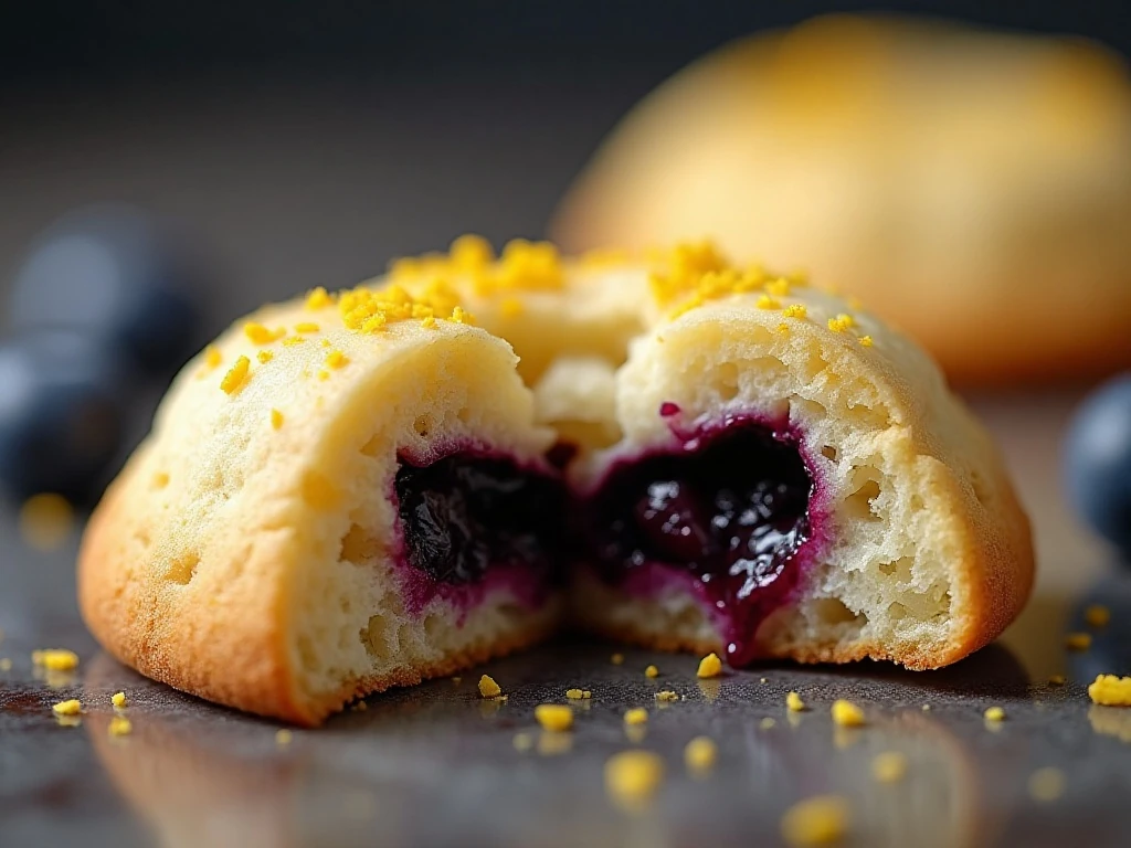 Close-up of the soft chewy center of a blueberry lemon cookie