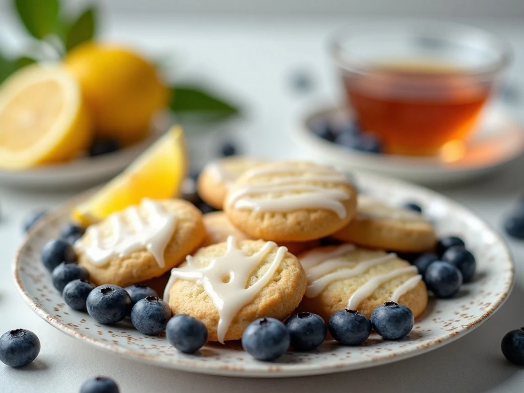 Glazed blueberry lemon cookies served on a dessert platter