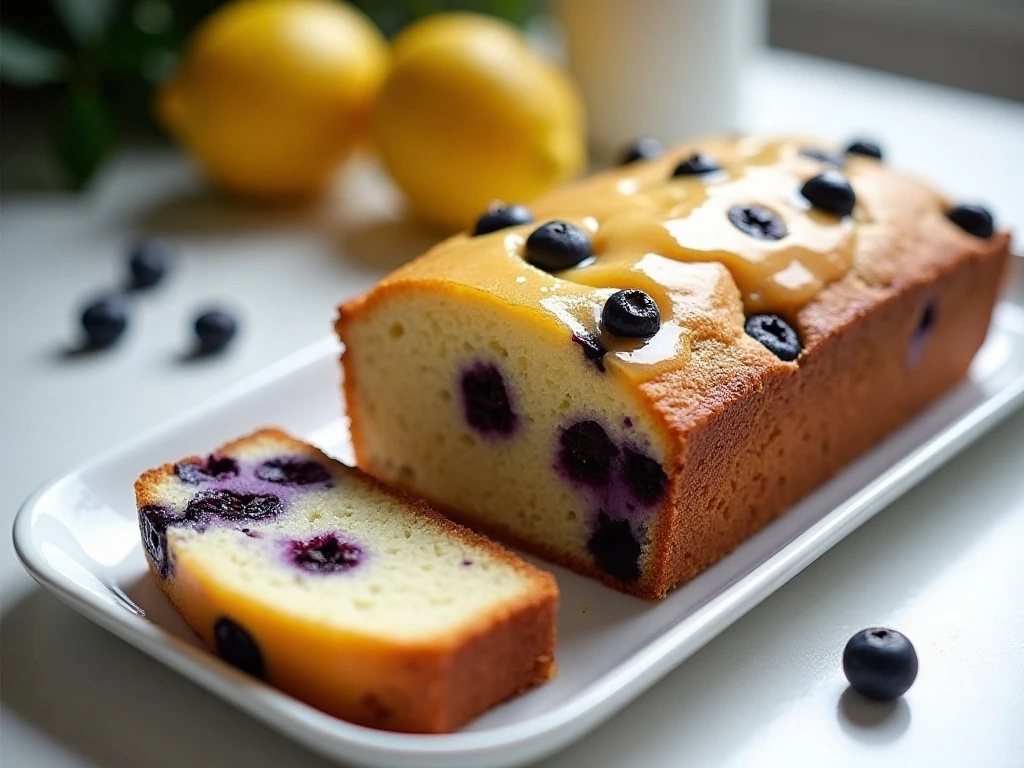 Sliced blueberry lemon drizzle loaf cake on a serving platter