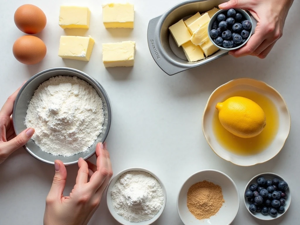 Ingredients for easy blueberry lemon drizzle cake