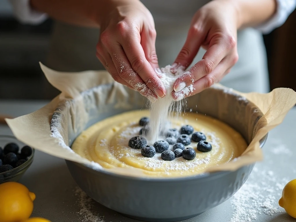 Folding blueberries into lemon cake batter