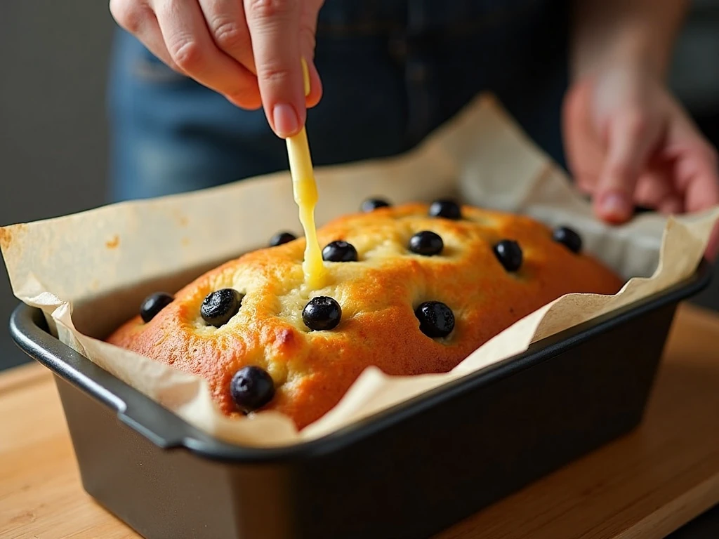 Piercing warm blueberry lemon cake before adding drizzle