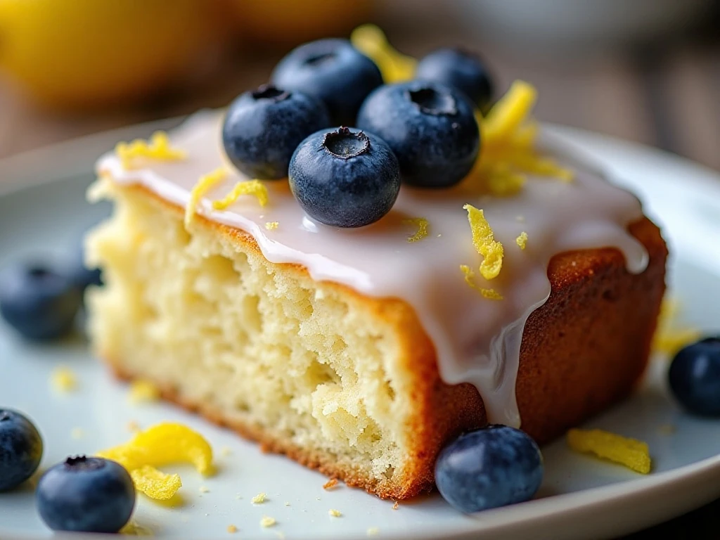 Blueberry lemon drizzle cake slice with lemon glaze and berries