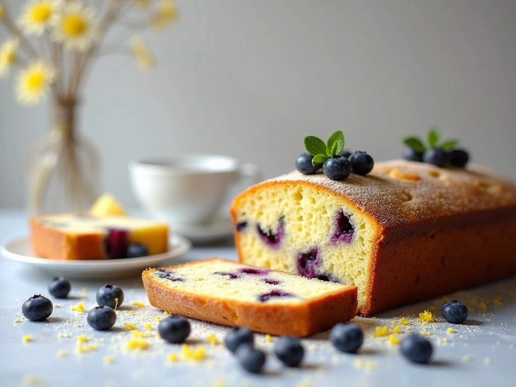 Blueberry lemon drizzle cake served for afternoon tea