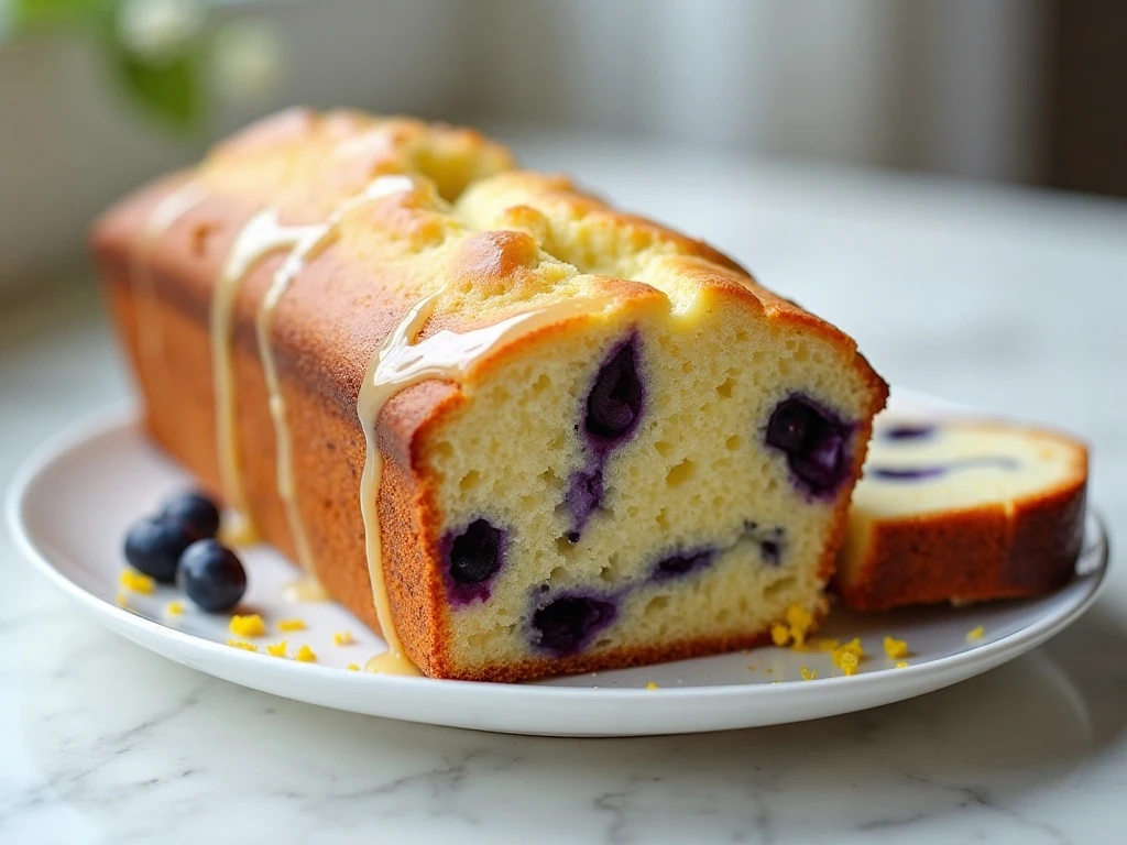 Sliced blueberry lemon drizzle cake with a crisp lemon topping