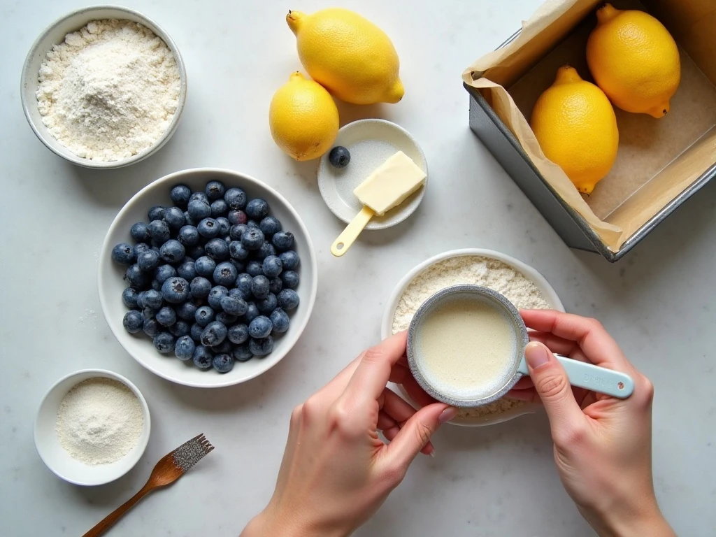 Ingredients for blueberry lemon drizzle cake arranged for baking