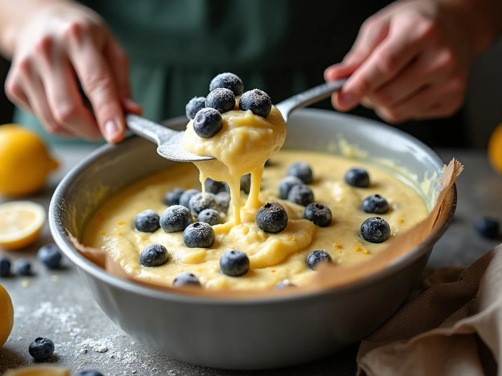 Folding blueberries into lemon cake batter