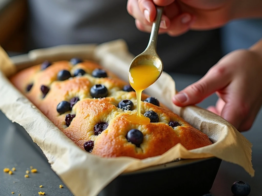 Adding lemon drizzle to a warm blueberry loaf cake