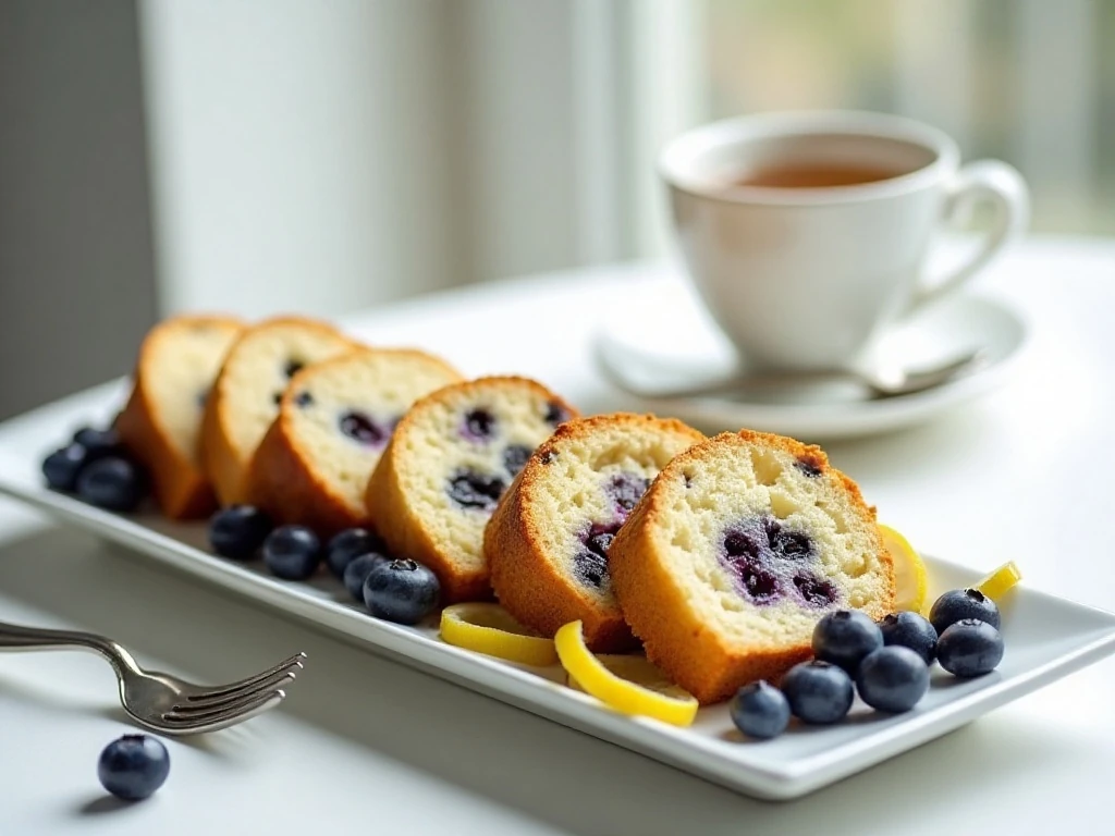 Blueberry lemon drizzle cake served with tea and fresh berries