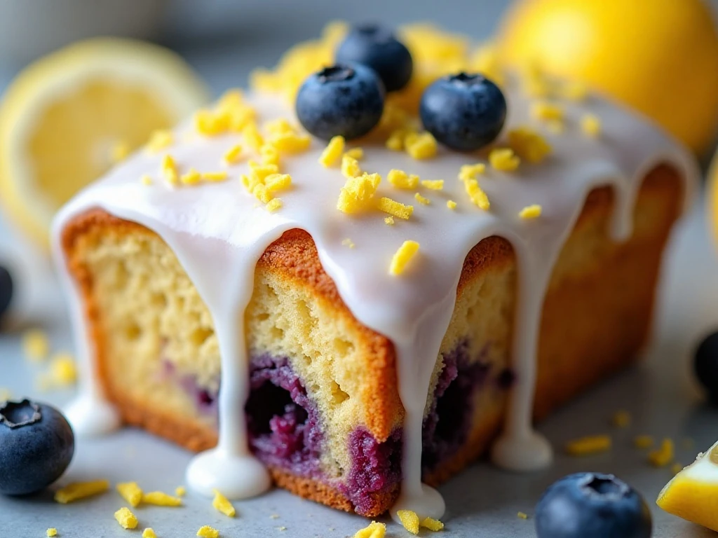 Lemon-iced blueberry cake decorated with lemon zest