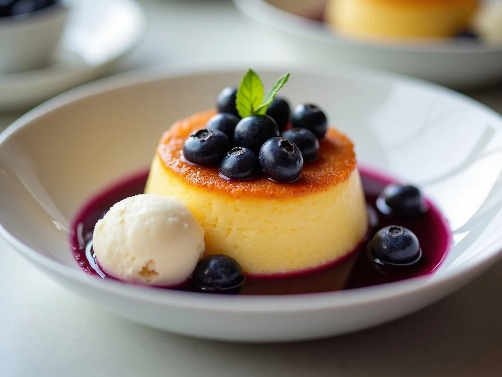 Warm blueberry lemon pudding cake with vanilla ice cream and sauce