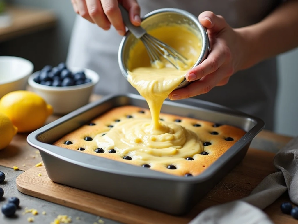 Folding blueberries into lemon cake batter